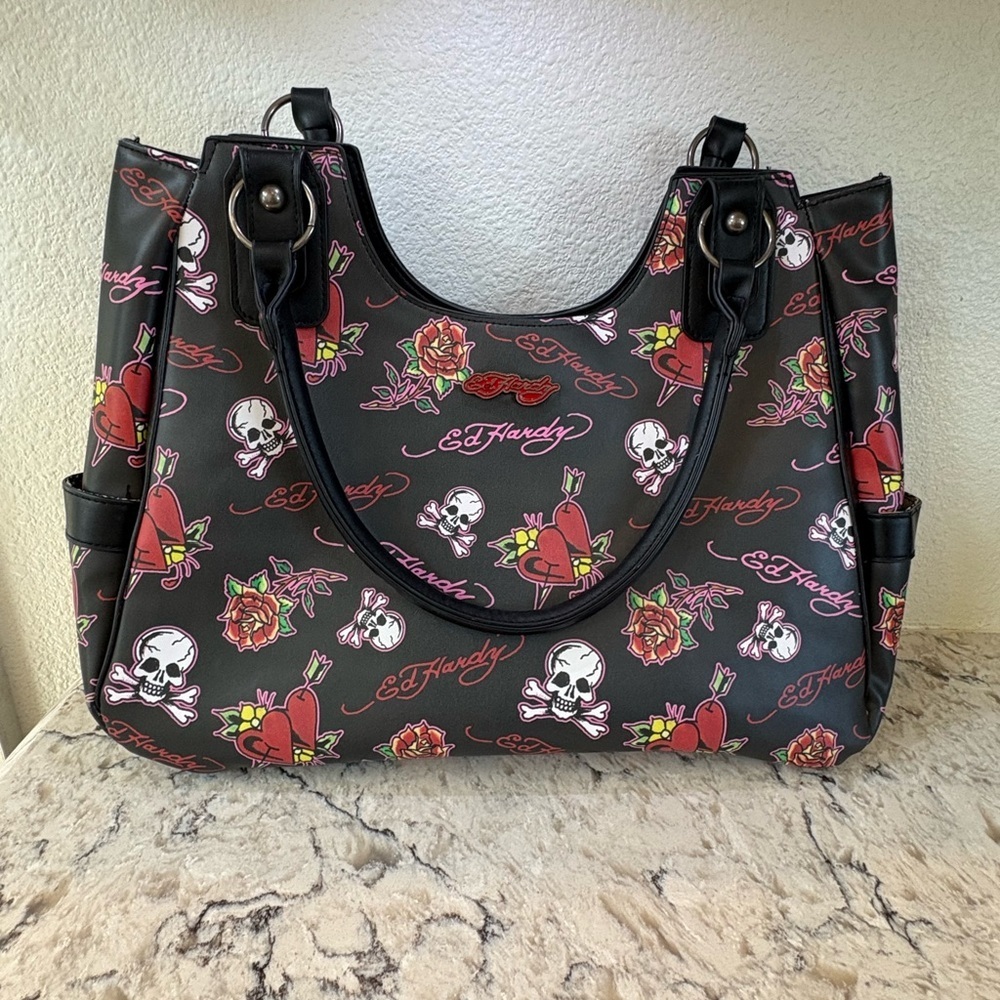 Ed Hardy Black Tote Purse with Pink & Red Graphic Hearts, Skulls & Roses